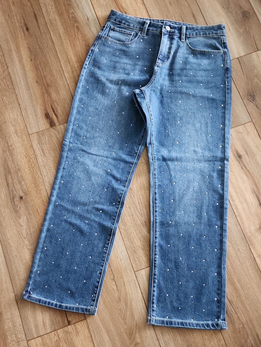 Express Straight-Leg High-Waist Blue Jeans Diamond Studs Women's Size 8 (32x30)
